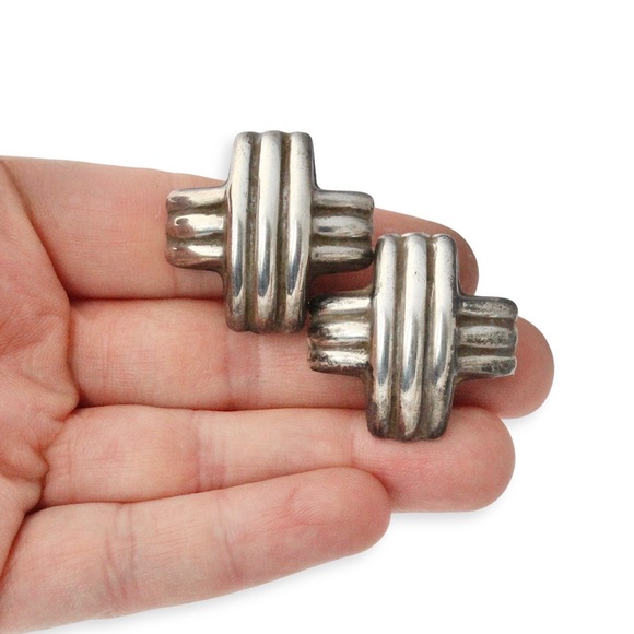 Vintage Taxco Sterling Silver Cross Clip On Earrings Large Statement Mexican - Picture 3 of 6